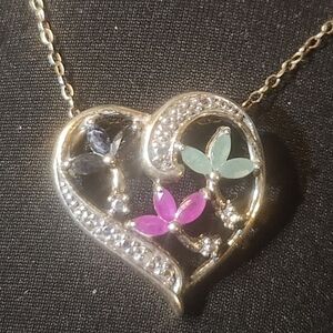 Elegant Heart Pendant Necklace with Emerald Ruby Sapphire Diamond Accents